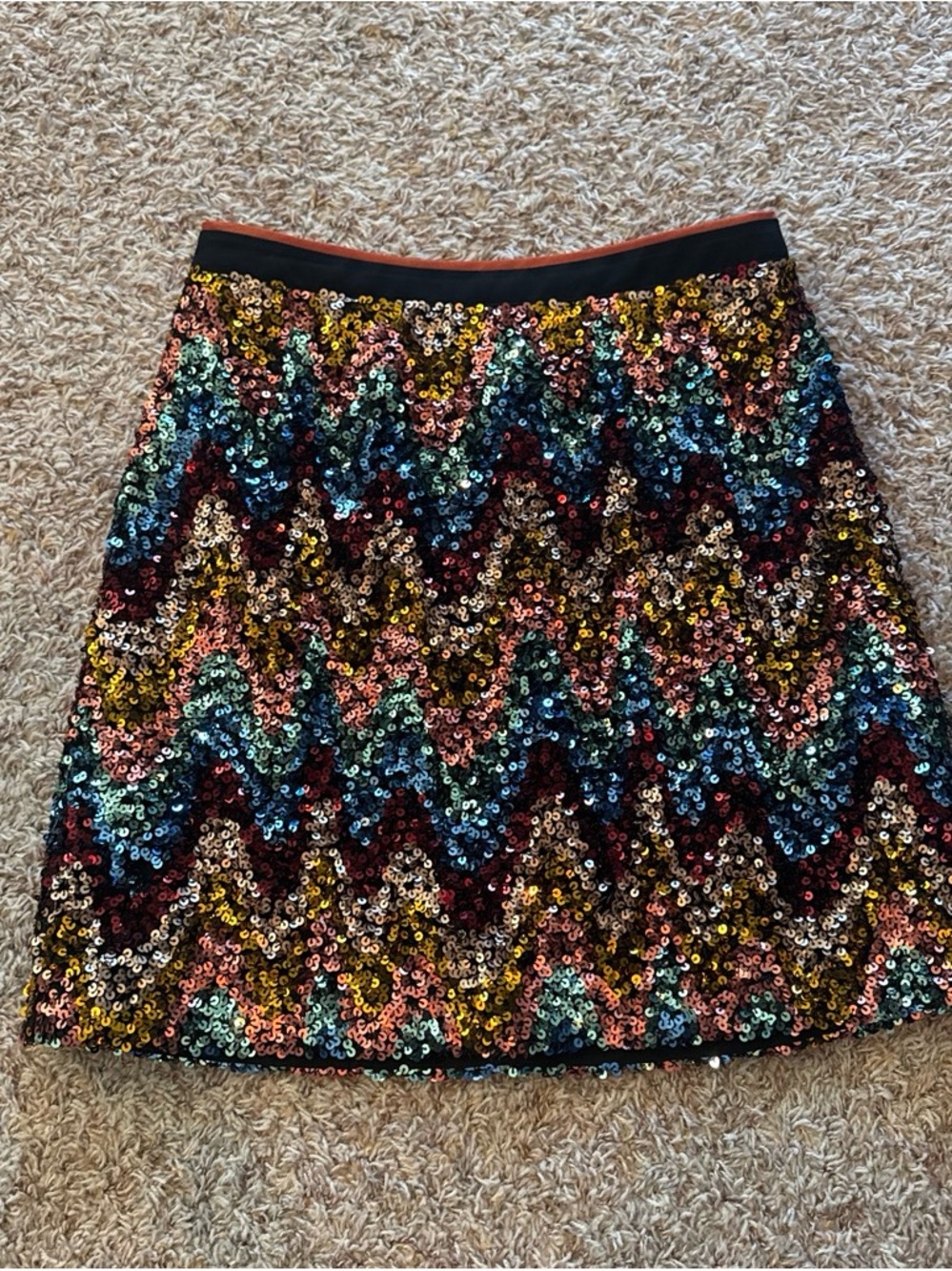 Maeve Multicolor Sequin Chevron Mini Skirt with Black Waistband